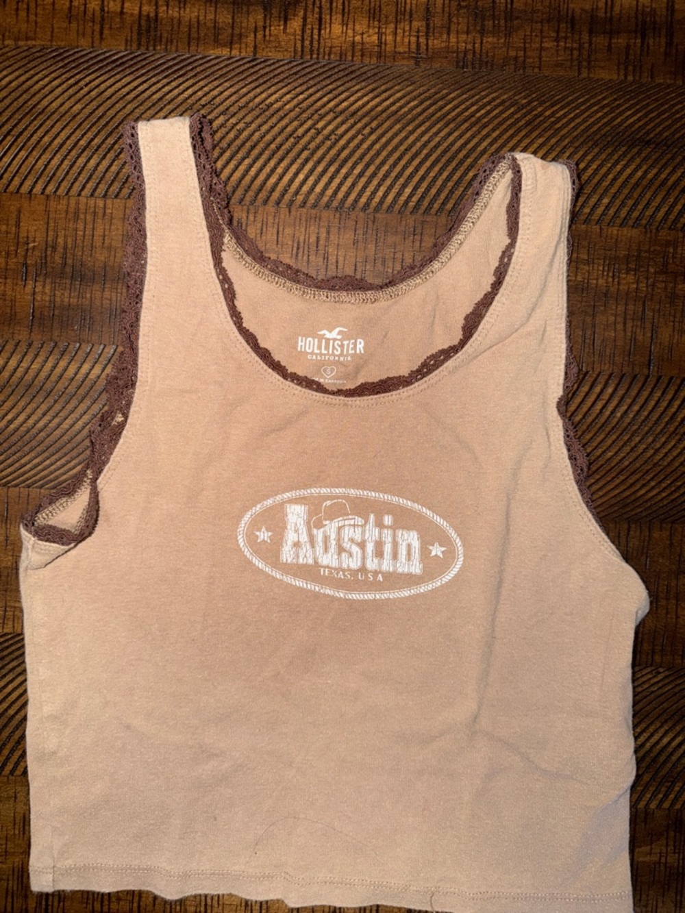 Hollister Beige Crop Tank with Brown Trim and White Austin Logo